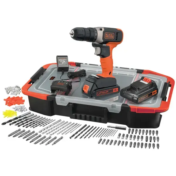 Bestseller BLACK+DECKER - 18V AKU fúrócsavarhúzó, tartozékokkal, 2x 1,5 Ah Li-Ion akkumulátor, töltővel BCD001BAST-QW