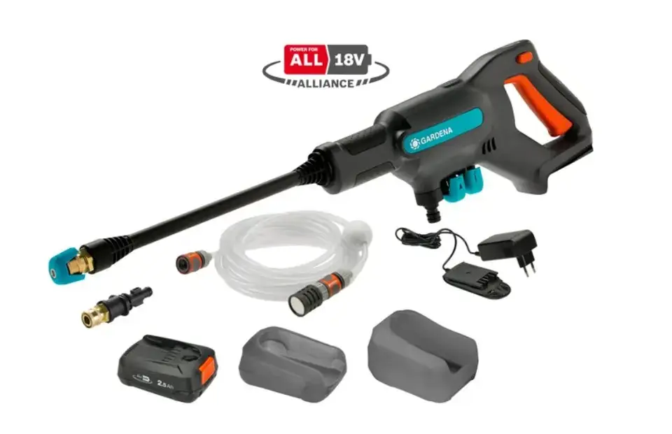 Expressz kézbesítés Gardena - 18V AKU magasnyomású mosó AquaClean 24/18V P4A, 24 bar, tartozékokkal, 1x akkumulátor 2,5 Ah, töltő 14800-20