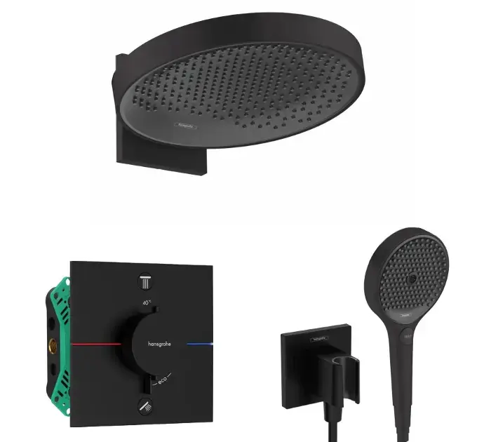 Vásárlói kedvenc Hansgrohe - Zuhanyszett termosztáttal, rejtett, testtel, átmérő 36 cm, 3 fúvókával, fekete matt SANI21HHH411
