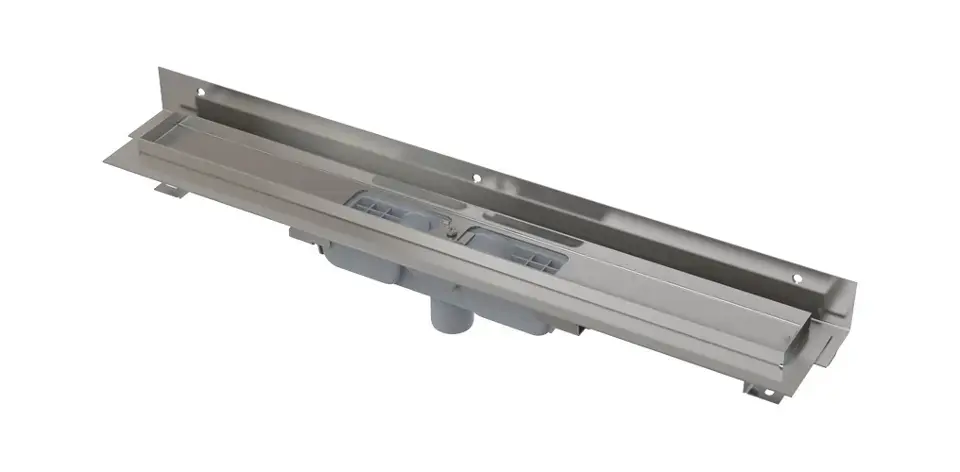 Alca - Zuhanyzó vályú Flexible Low 950 mm, állítható falra szerelhető gallérral, függőleges lefolyóval, rozsdamentes acélból készült APZ1104-950 Exkluzív ajánlat